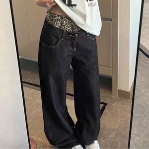 Double layered Black and brown leopard print loose denim jeans.
